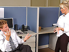 Bitchy Blond Goddess Holly Halston is the Ultimate MILF Boss! : Fuck, I love bitchy, smoking-hot MILF bosses. Holly Halston is ticked off at her dumb-ass employee, Levi Cash for not closing an easy sale, so she investigates to see what hes up to in his cubicle. She overhears him chatting away to his buddy about how much of a bitch he thinks Holly is and that shes probably on her period! Mad as fuck, Holly surprises him and orders Levi to strip his pants off and shove his cock down her throat! He watches in amazement as she spanks his prick on her giant-sized tits. Levi finger-bangs Hollys sweet fuck slot then proves his worth to the company by cranking her down with a good, old-fashioned office fuck!
