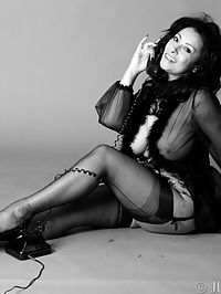 Danica Collins in corset and stockings in retro black and white set