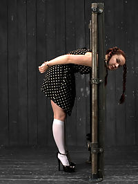 Pig : Annabelle Lee is as cute as they come. Her youthful face gives us the illusion of far deeper fantasies. In scene one, pig is trapped by the neck in a standing stock. Her shoes are drilled into the floor and she is handcuffed. She earns the name pig by her snorting laughter when she is tickled mercilessly. This earns her a pig nose, pig tails, and a pig butt plug. Second, pig is bent into a challenging back arch. Claire takes advantage of Anabelles tiny bush tormenting her with the mean black clips all over her cunt hair and then ripping the clips off. Third, pig gets her fuck hole greased and primed to be pummeled with the fucking machine. Her incredibly sensitive feet get tormented with the tazapper and more tickling. Her orgasms are so intense they seem almost painful. Cum watch this bitch repetitively explode and surrender to unforgiving metal, wood, and leather.