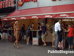 Horny Blonde Anal Slut Disgraced for Berlin Tourists : Busty blonde Luci is put on display in front of eager tourists. A group forms to watch her publicly shamed until the cops show up. Mona brings the dirty slut to a famous sausage stand where shes fully nude in front of a huge crowd. She has to stand and wait while tons of people gawk and stare. The next stop is a crowded cafe where she is tied up, blindfolded, and groped by complete strangers. After she is fed cocks and pounded in her ass and pussy, Mona gives her a final task. With a toilet brush strapped to her face, she has to clean a filthy urinal while getting cum on all over her face.